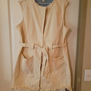 Cream Denim Sleeveless Vest with Pockets